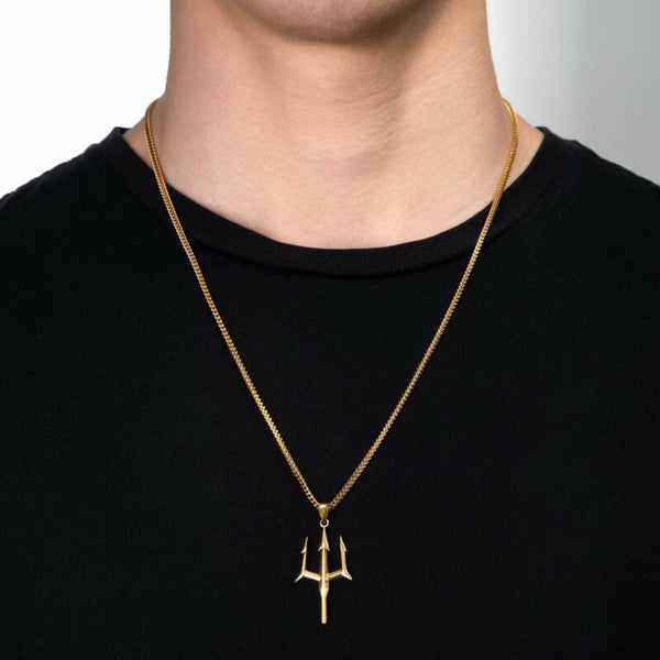 Gold Trident Pendant with Chain for Men